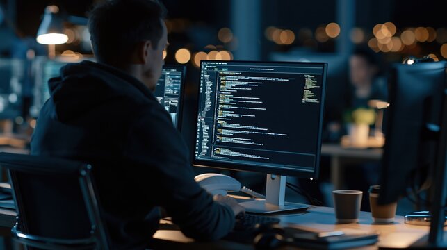 Programmer working late at night on a computer screen filled with code in a modern office environment