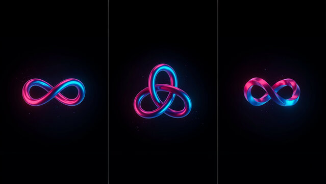 Three glowing neon infinity and trefoil knot symbols on a dark black background