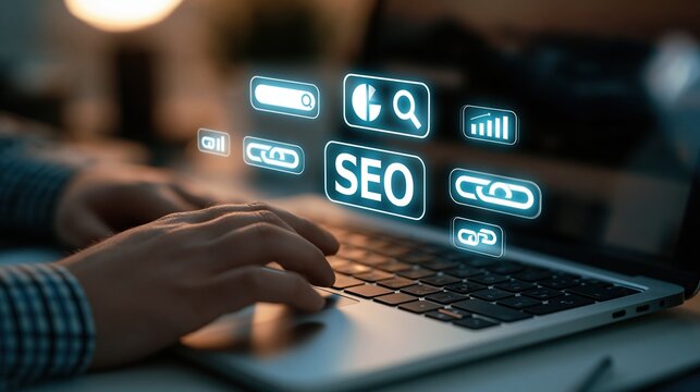 Hands typing on laptop with glowing SEO icons and digital analytics for online marketing