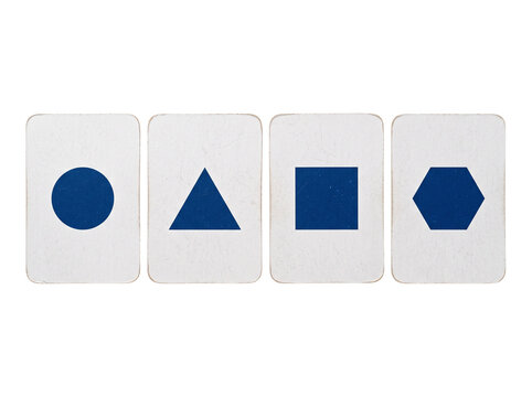 Geometric shapes flash cards set featuring blue circle triangle square hexagon icons displayed in a row on a black background for basic education learning elements design vector graphic asset
