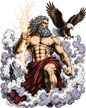 Zeus Greek god holding lightning bolt with eagle in clouds vector illustration