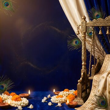 Beautifully decorated Janmashtami background featuring a traditional golden jhula swing, peacock feathers, marigold flowers, and lit diyas for a spiritual festive celebration.