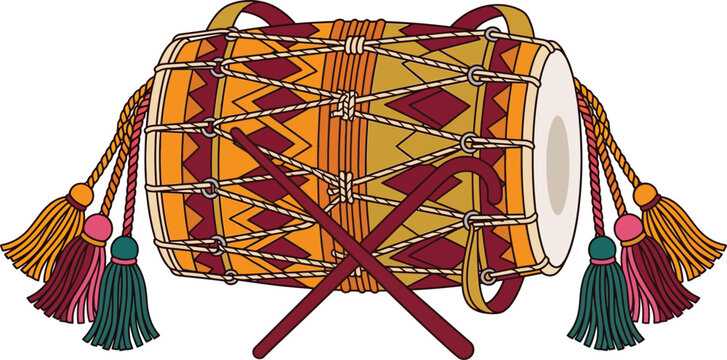 Traditional Indian dhol drum vector illustration, ethnic Punjabi musical instrument with sticks, festive percussion for Lohri and weddings