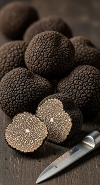 Fresh black truffles with knife on wooden surface.