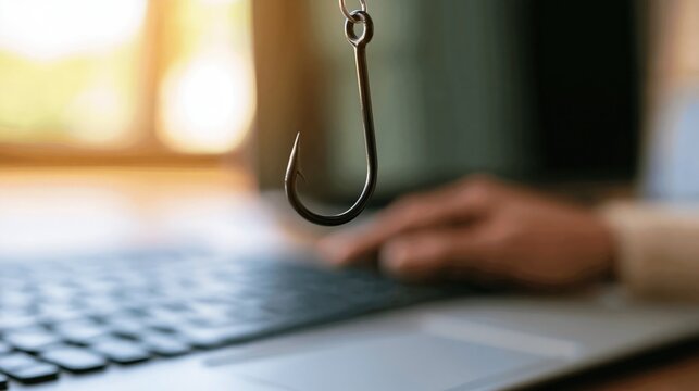 Cybersecurity Fishing Hook Threat Concept Over Laptop Keyboard with Blurred Person Using Computer