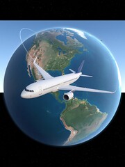 Naklejka premium Modern Passenger Jet Airplane Flying Around the Globe, Illustrating Global Travel and Connectivity