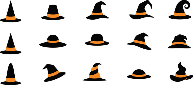 Collection of various black witch hats with orange ribbons isolated on a white background for halloween design elements