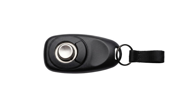 A black remote control key fob with a metal button and loop for vehicle access. Essential tool for automotive security, modern car entry systems, and keyless technology.