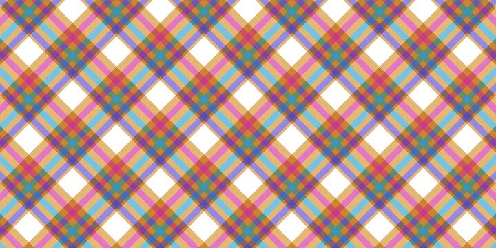 Seamless multicolored plaid  pattern with a diagonal orientation and texture. Features yellow, blue, pink, and purple lines