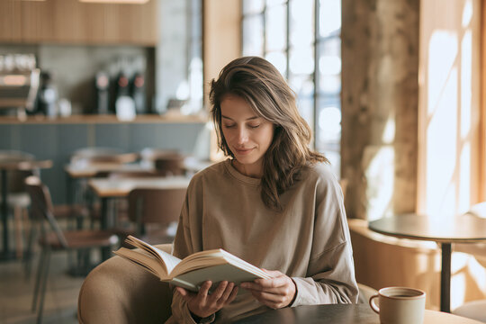 Woman reading a book alone in bright modern cafe