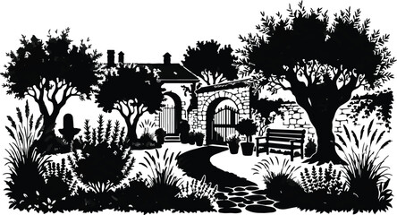 Fototapeta premium Vintage silhouettes of rustic village cottages and wild gardens. Country house exteriors, stone archways, orchard trees, and park benches. Cottagecore aesthetic scene. Landscape vector