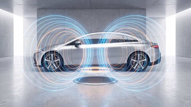 Futuristic Electric Vehicle Charging: A sleek, modern electric car is depicted in a clean, contemporary setting, with stylized energy waves emanating from its base.