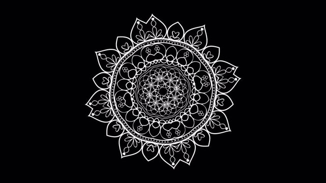 Abstract circular white mandala pattern animation on a black background.