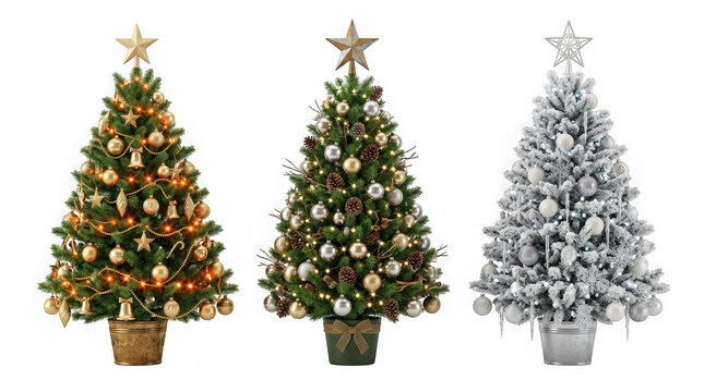 Three decorated christmas trees with lights and ornaments isolated on transparent background
