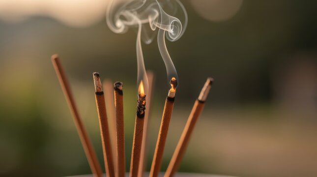 Several incense sticks burning with gentle smoke rising against a soft, blurred background.