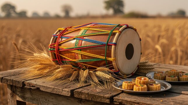 A traditional drum rests on a wooden table beside wheat stalks and plates of mooncakes in a golden wheat field at sunset.