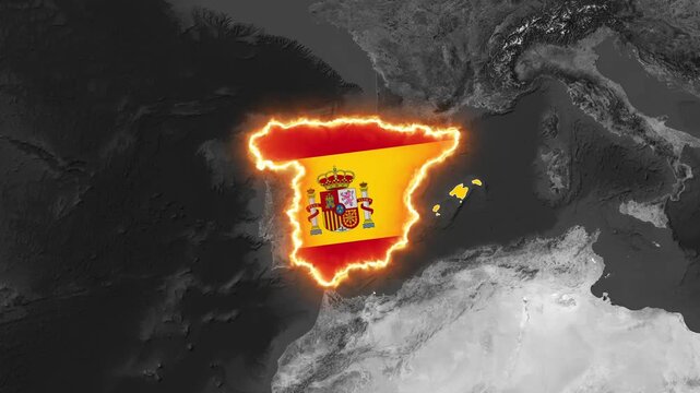 Glowing Spain Map Highlighted with National Flag on World Map Motion Graphic Animation