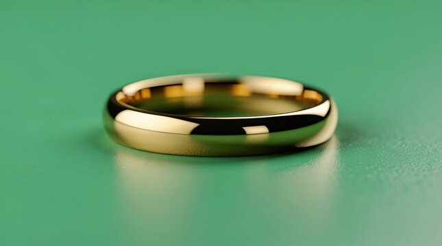 A close-up of a shiny gold wedding ring resting on a smooth green surface.