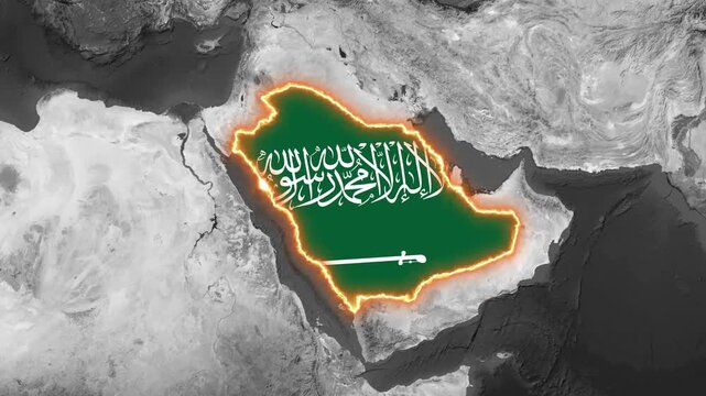 Glowing Saudi Arabia Map Highlighted with National Flag on World Map Motion Graphic Animation