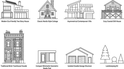 Fototapeta premium Architectural housing styles vector line icon set featuring modern villa stilt house nordic cottage townhouse garage and landscaping elementsArchitectural housing 