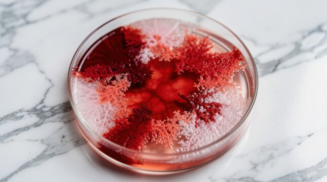 A petri dish filled with red agar medium shows a star-shaped growth of red and white bacterial or fungal colonies on a marble surface.