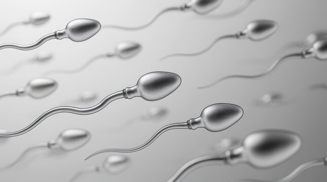 Close-up 3D illustration of multiple sperm cells swimming forward, representing human reproduction and fertilization processes.
