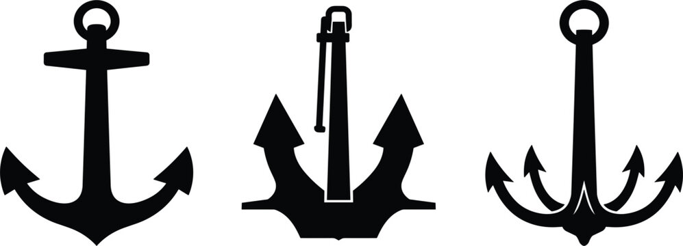 Nautical anchor silhouette vector icon set featuring vintage admiralty stockless naval ship anchors and multi fluke grapnel anchor graphics