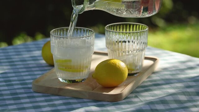 Refreshing homemade sparkling lemonade is poured into two glasses with lemon slices on a wooden tray at a sunny summer picnic table outdoors