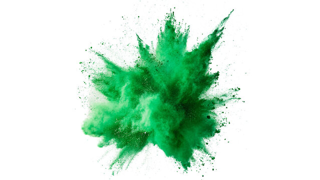 Vibrant green holi powder explosion abstract colorful dust splash party isolated on transparent background