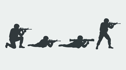 Naklejka premium Military Soldier Silhouettes with Firearms in Various Combat Poses
