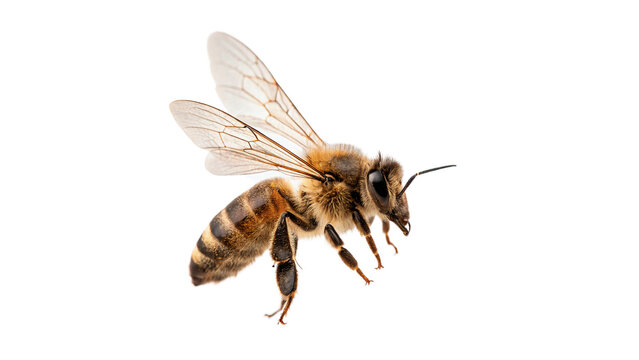 Honey bee flying closer looking detailed close up macro isolated on transparent background