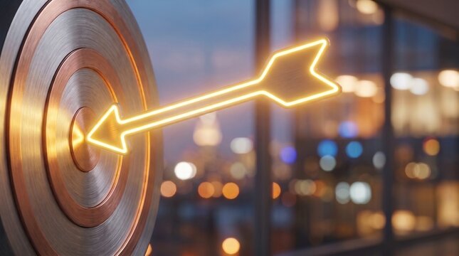 Close up of a glowing neon arrow hitting a metallic bullseye target with blurred city lights background and copy space for business goal achievement concept