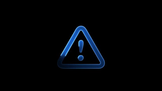 neon warning triangle with an exclamation mark icon, neon white outline, glowing effect, abstract gradient background, isolated on transparent background.animation video