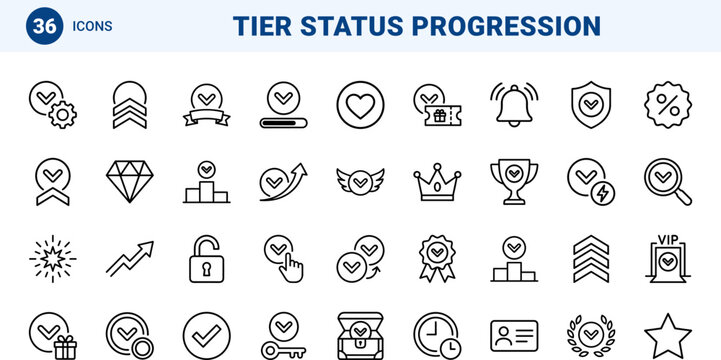 Level Icon Loyalty Tier Upgrade Web Icon Set in Linear Style. Collection of Tier Advancement line icons, including progression, gamification, member status, rewards, badges, perks.
