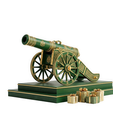 Decorative vintage style green and gold cannon on a wooden base with small gift boxes isolated on transparent background
