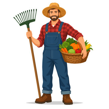 Labor Day Farmer Holding Rake and Fresh Harvest Basket Flat Vector Illustration Isolated on White Background