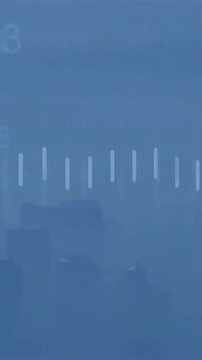 Animation of financial data processing over cityscape