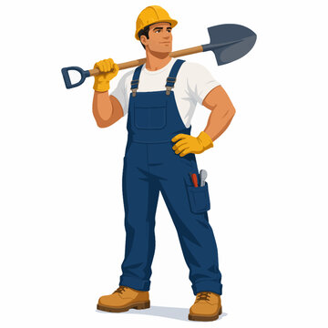 Labor Day Construction Worker Holding Shovel Wearing Safety Helmet Flat Vector Illustration Isolated on White Background