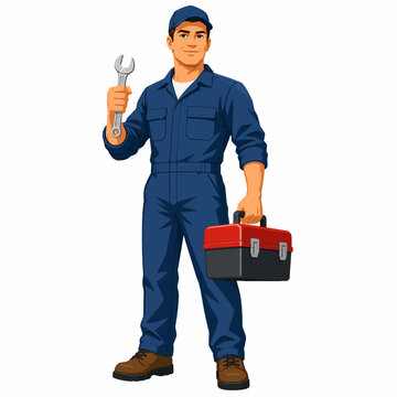 Labor Day Mechanic Holding Wrench and Toolbox Flat Vector Worker Illustration Isolated on White Background