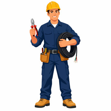 Labor Day Electrician Holding Pliers and Electrical Cable Flat Vector Illustration Isolated on White Background
