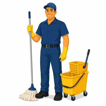 Labor Day Janitor Holding Mop with Cleaning Bucket Flat Vector Worker Illustration Isolated on White Background
