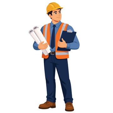 Labor Day Construction Engineer Holding Blueprints and Clipboard Flat Vector Illustration Isolated on White Background