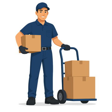 Labor Day Delivery Worker Carrying Cardboard Boxes with Hand Truck Flat Vector Illustration Isolated on White Background
