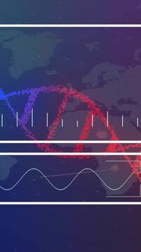Animation of dna strand over data processing and world map