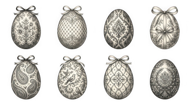 Set of eight decorative easter eggs with intricate vintage patterns and bows isolated on transparent background