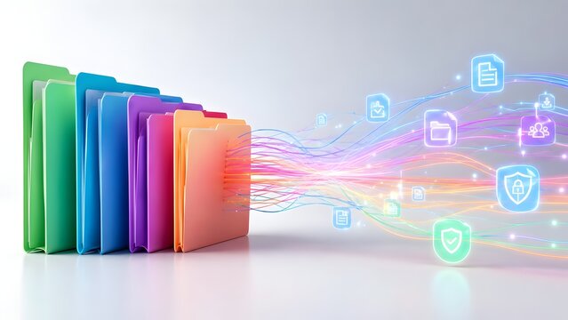 Colorful physical file folders releasing digital data streams connected to floating interface icons representing automated file organization