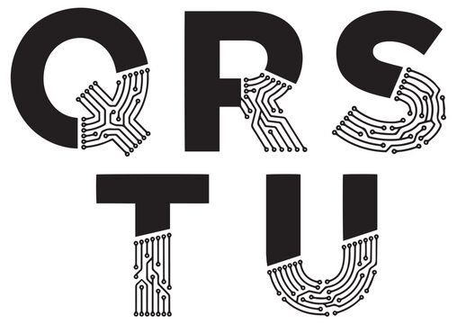 Futuristic letters Q, R, S, T, and U combined with electronic circuit board lines, creating a geometric technology alphabet set for digital and engineering concepts.