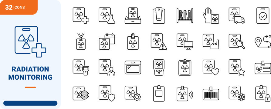 Radiation Badge Exposure Monitoring Web Icon Set in Linear Style. Collection of dosimetry line icons, including badge, dosimeter, radiation, exposure, safety, monitoring.