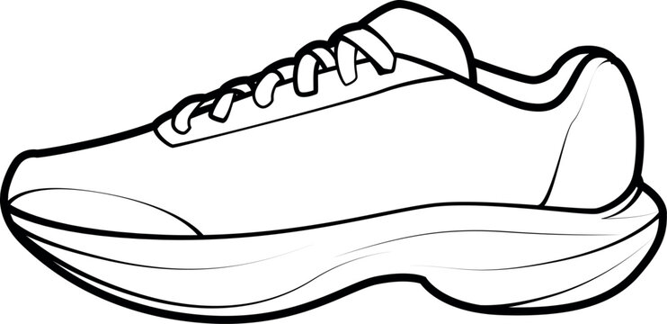 Detailed side view vector illustration of an athletic running sneaker in clean black and white outline style. Ideal for fashion design templates, streetwear merchandise, and apparel graphics.