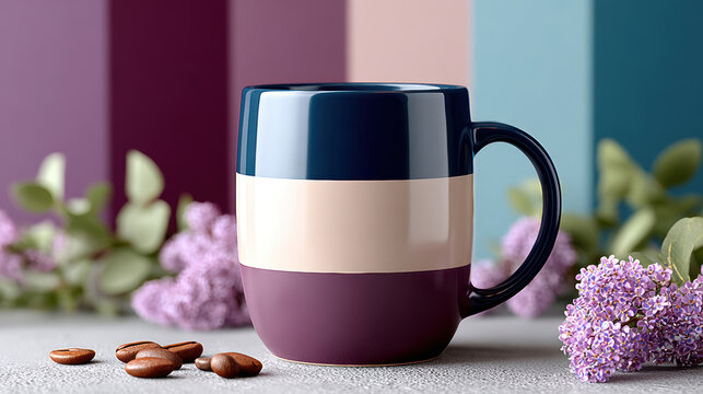 Ceramic striped coffee mug placed on tabletop with coffee beans and lilac flowers against multicolored vertical background studio still life arrangement